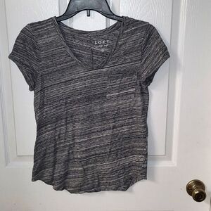 Ann Taylor Loft Vintage Soft Scoop Vneck Heather Black White Breast Pocket Sz XS